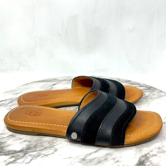 UGG Ximema Black Leather Open Toe Slide Sandals 5.5 Bohemian Boho Casual Summer - Picture 2 of 15